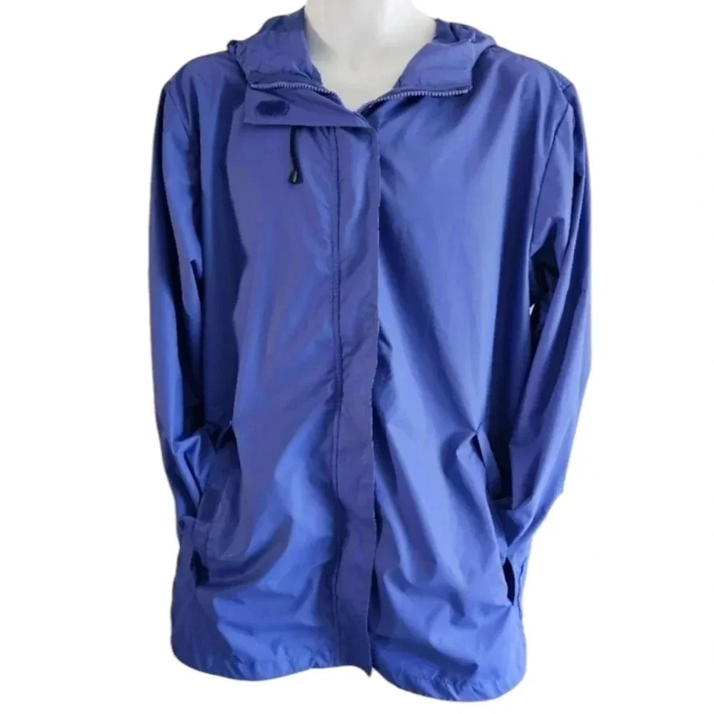 Lands’ End Women Large Blue Hooded Rain Jacket Windbreaker Preppy Nautical Style - Picture 2 of 7